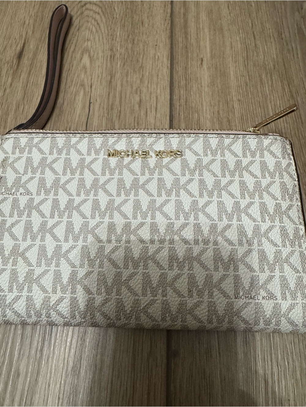 Michael Kors Beige and White Logo Wristlet Clutch